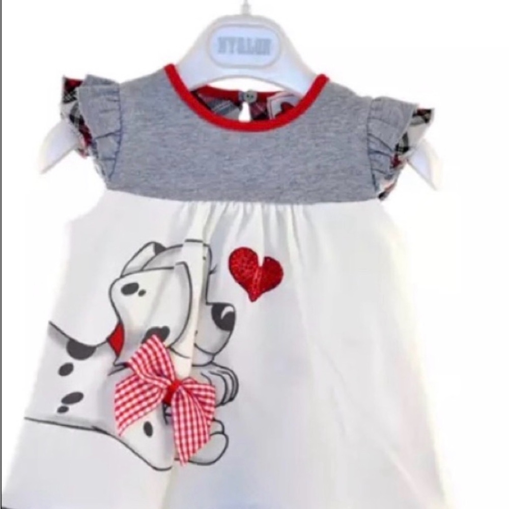 Girls White & Gray Dalmatian Heart Dress with Red Trim